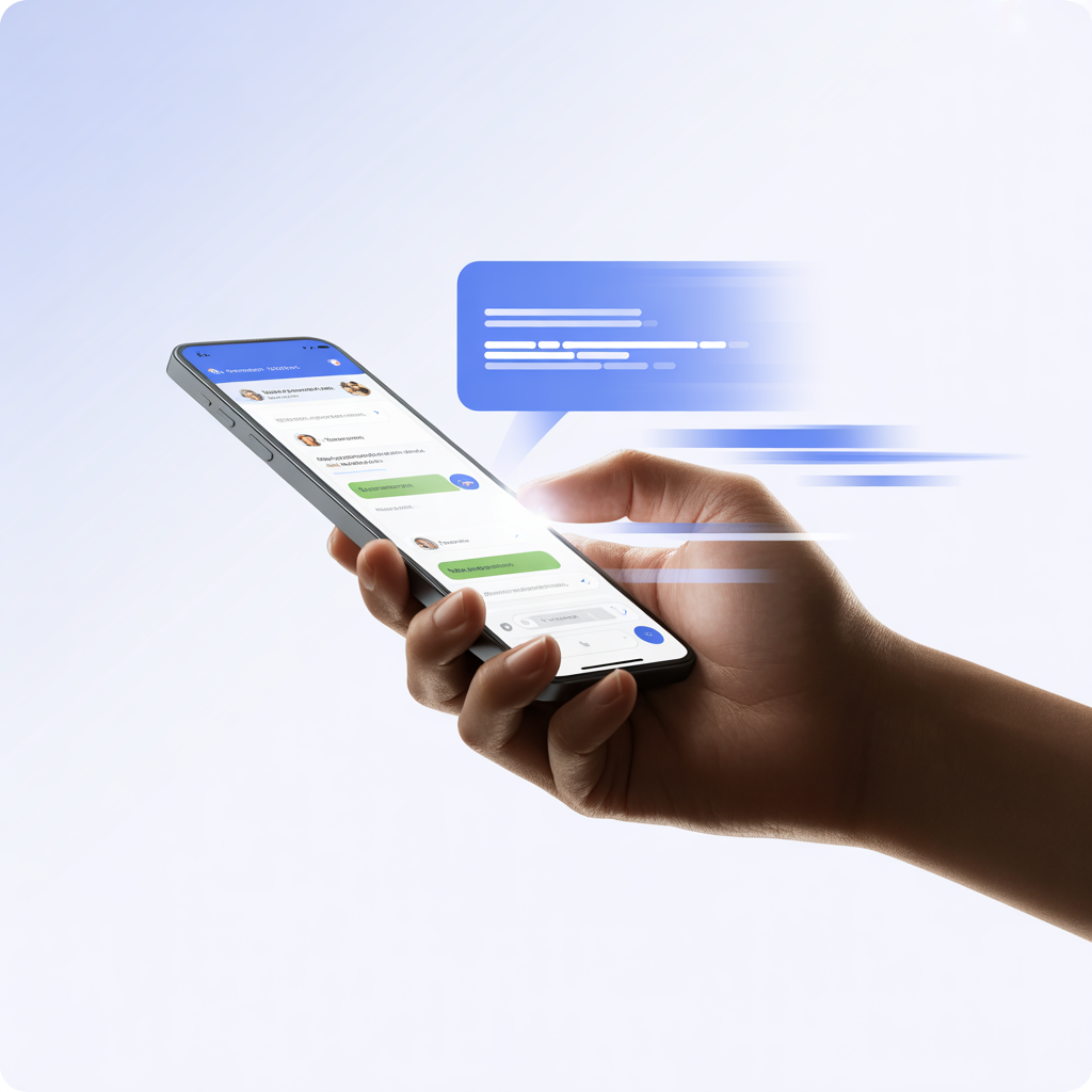 Close-up illustration of hands sending a quick inquiry via smartphone chat for instant support